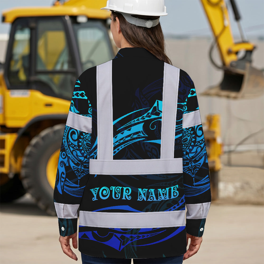 Hi Vis Hawaiian Long Sleeve Shirt Reflective Tapes Gradient Turtle Hawaiian Polynesian Tribal Custom Name Safety Workwear For Workers, Truckers, Operators