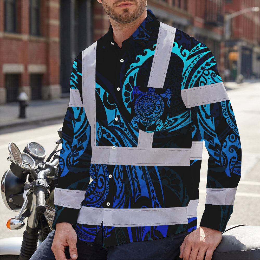 Hi Vis Hawaiian Long Sleeve Shirt Reflective Tapes Gradient Turtle Hawaiian Polynesian Tribal Custom Name Safety Workwear For Workers, Truckers, Operators