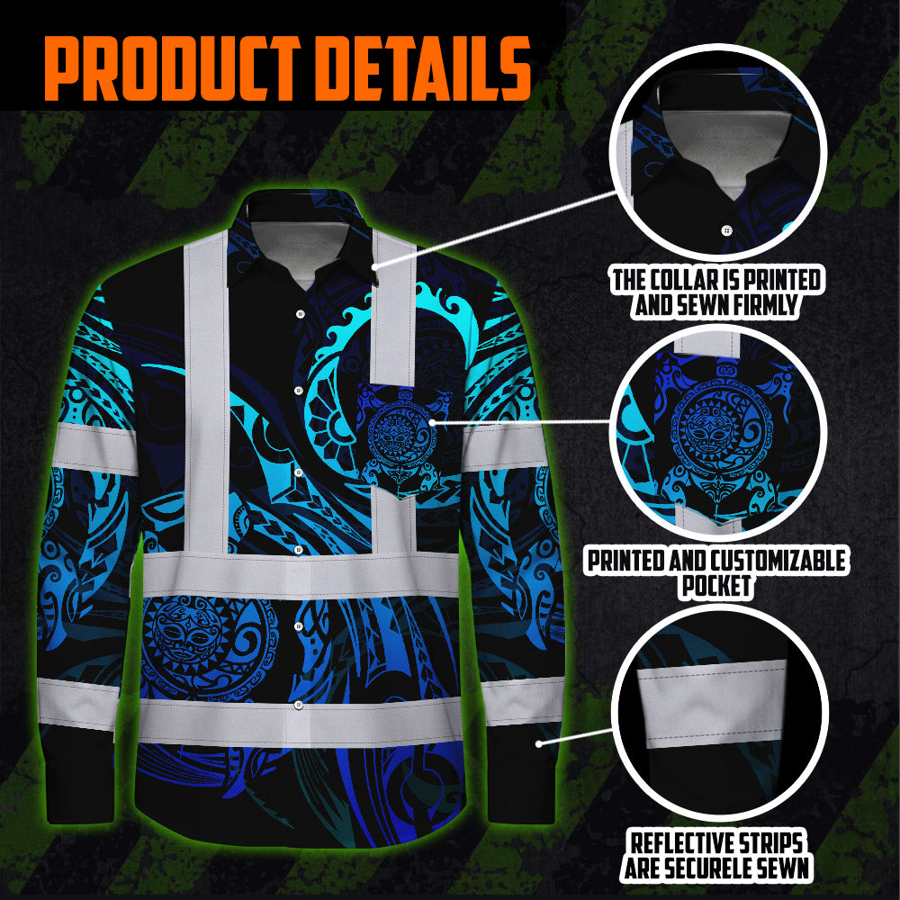 Hi Vis Hawaiian Long Sleeve Shirt Reflective Tapes Gradient Turtle Hawaiian Polynesian Tribal Custom Name Safety Workwear For Workers, Truckers, Operators
