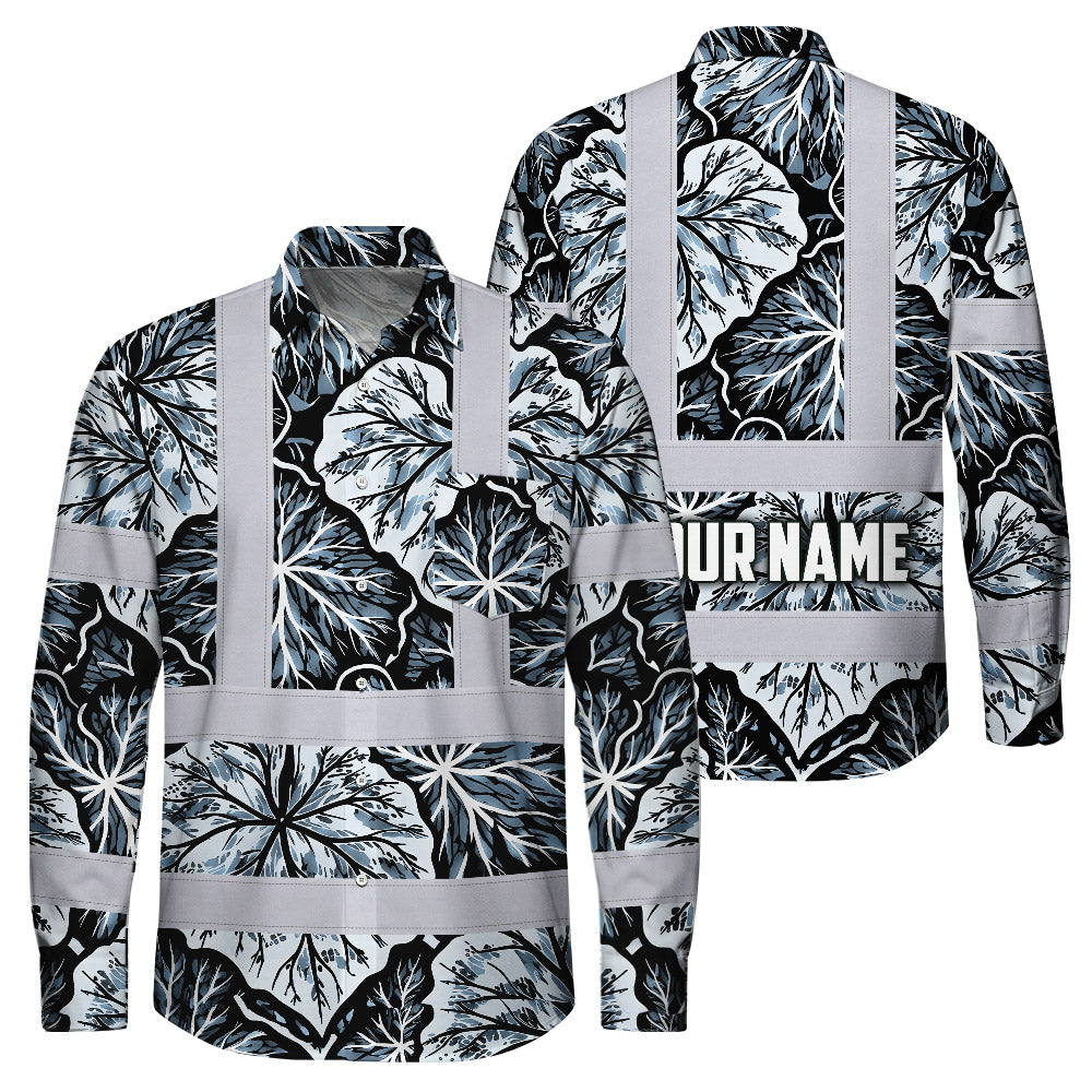Hi Vis Hawaiian Long Sleeve Shirt Reflective Tapes Black Grey Flowers Custom Name Safety Workwear For Workers, Truckers, Operators