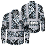 Hi Vis Hawaiian Long Sleeve Shirt Reflective Tapes Black Grey Flowers Custom Name Safety Workwear For Workers, Truckers, Operators