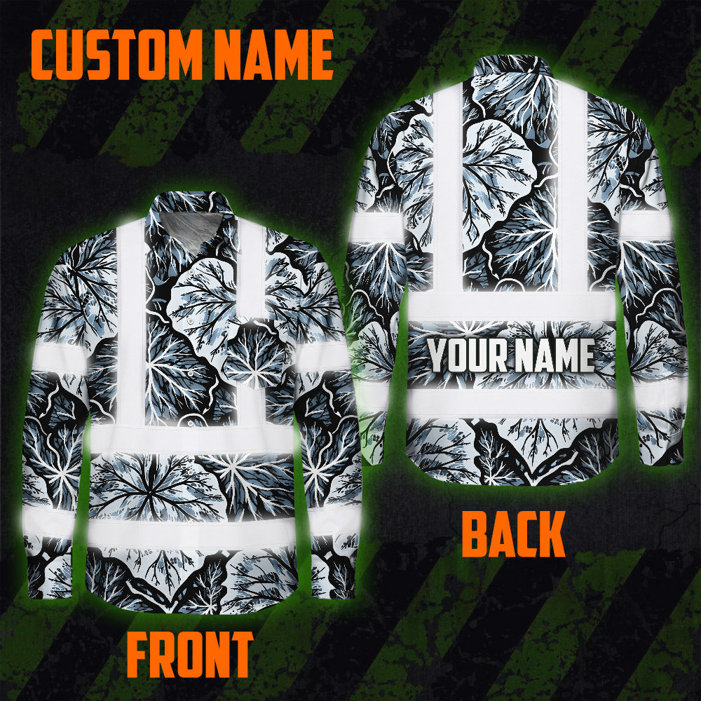 Hi Vis Hawaiian Long Sleeve Shirt Reflective Tapes Black Grey Flowers Custom Name Safety Workwear For Workers, Truckers, Operators