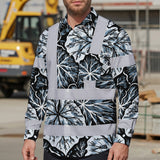 Hi Vis Hawaiian Long Sleeve Shirt Reflective Tapes Black Grey Flowers Custom Name Safety Workwear For Workers, Truckers, Operators