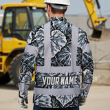 Hi Vis Hawaiian Long Sleeve Shirt Reflective Tapes Black Grey Flowers Custom Name Safety Workwear For Workers, Truckers, Operators