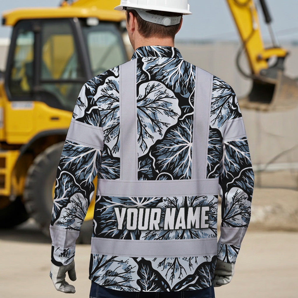 Hi Vis Hawaiian Long Sleeve Shirt Reflective Tapes Black Grey Flowers Custom Name Safety Workwear For Workers, Truckers, Operators