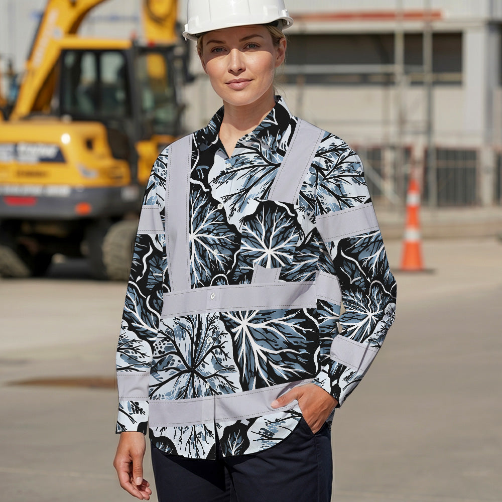 Hi Vis Hawaiian Long Sleeve Shirt Reflective Tapes Black Grey Flowers Custom Name Safety Workwear For Workers, Truckers, Operators