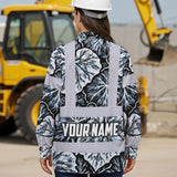 Hi Vis Hawaiian Long Sleeve Shirt Reflective Tapes Black Grey Flowers Custom Name Safety Workwear For Workers, Truckers, Operators