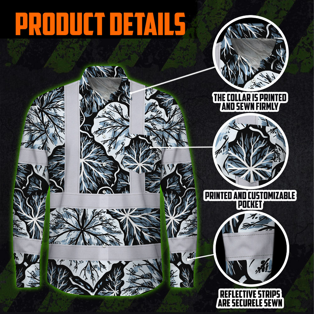 Hi Vis Hawaiian Long Sleeve Shirt Reflective Tapes Black Grey Flowers Custom Name Safety Workwear For Workers, Truckers, Operators
