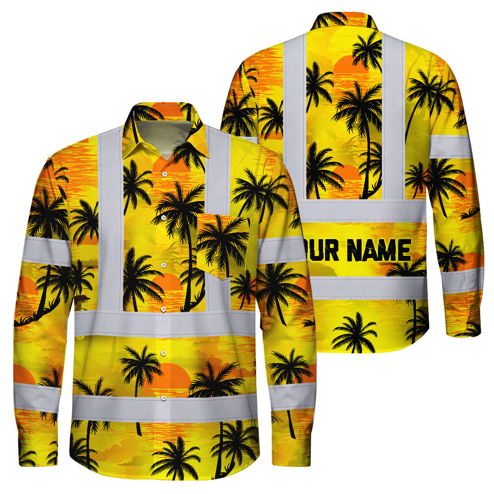 Hi Vis Hawaiian Long Sleeve Shirt Reflective Tapes Yellow Neon Flowers Custom Name Safety Workwear For Workers, Truckers, Operators