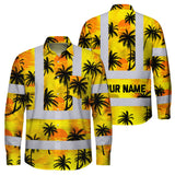 Hi Vis Hawaiian Long Sleeve Shirt Reflective Tapes Yellow Neon Flowers Custom Name Safety Workwear For Workers, Truckers, Operators