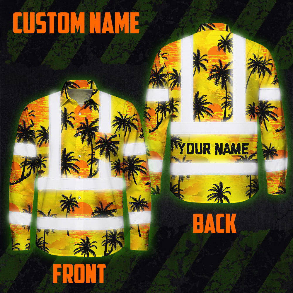 Hi Vis Hawaiian Long Sleeve Shirt Reflective Tapes Yellow Neon Flowers Custom Name Safety Workwear For Workers, Truckers, Operators