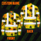 Hi Vis Hawaiian Long Sleeve Shirt Reflective Tapes Yellow Neon Flowers Custom Name Safety Workwear For Workers, Truckers, Operators