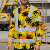 Hi Vis Hawaiian Long Sleeve Shirt Reflective Tapes Yellow Neon Flowers Custom Name Safety Workwear For Workers, Truckers, Operators