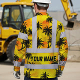 Hi Vis Hawaiian Long Sleeve Shirt Reflective Tapes Yellow Neon Flowers Custom Name Safety Workwear For Workers, Truckers, Operators