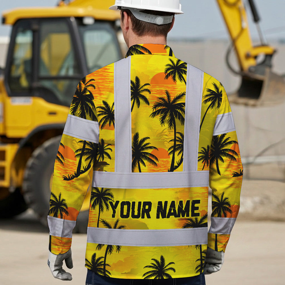 Hi Vis Hawaiian Long Sleeve Shirt Reflective Tapes Yellow Neon Flowers Custom Name Safety Workwear For Workers, Truckers, Operators