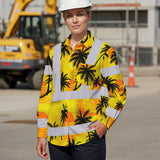 Hi Vis Hawaiian Long Sleeve Shirt Reflective Tapes Yellow Neon Flowers Custom Name Safety Workwear For Workers, Truckers, Operators