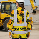 Hi Vis Hawaiian Long Sleeve Shirt Reflective Tapes Yellow Neon Flowers Custom Name Safety Workwear For Workers, Truckers, Operators