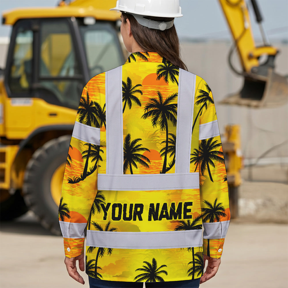 Hi Vis Hawaiian Long Sleeve Shirt Reflective Tapes Yellow Neon Flowers Custom Name Safety Workwear For Workers, Truckers, Operators