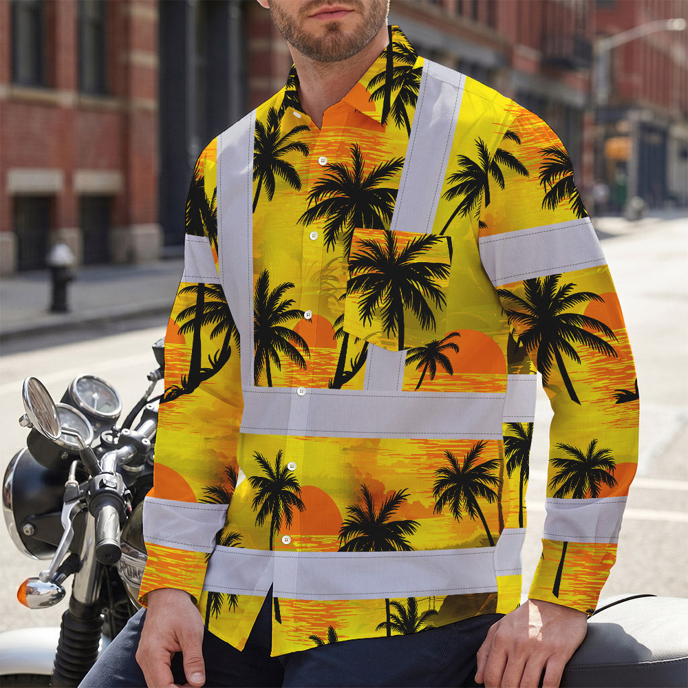 Hi Vis Hawaiian Long Sleeve Shirt Reflective Tapes Yellow Neon Flowers Custom Name Safety Workwear For Workers, Truckers, Operators