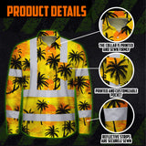 Hi Vis Hawaiian Long Sleeve Shirt Reflective Tapes Yellow Neon Flowers Custom Name Safety Workwear For Workers, Truckers, Operators