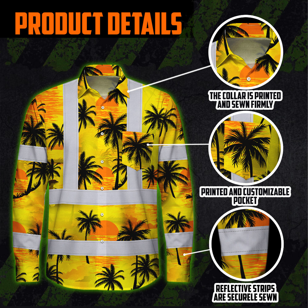 Hi Vis Hawaiian Long Sleeve Shirt Reflective Tapes Yellow Neon Flowers Custom Name Safety Workwear For Workers, Truckers, Operators