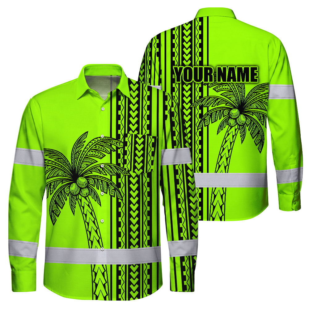 Hi Vis Hawaiian Long Sleeve Shirt Reflective Tapes Lime Neon Polynesian And Tree Custom Name Safety Workwear For Workers, Truckers, Operators