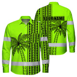 Hi Vis Hawaiian Long Sleeve Shirt Reflective Tapes Lime Neon Polynesian And Tree Custom Name Safety Workwear For Workers, Truckers, Operators