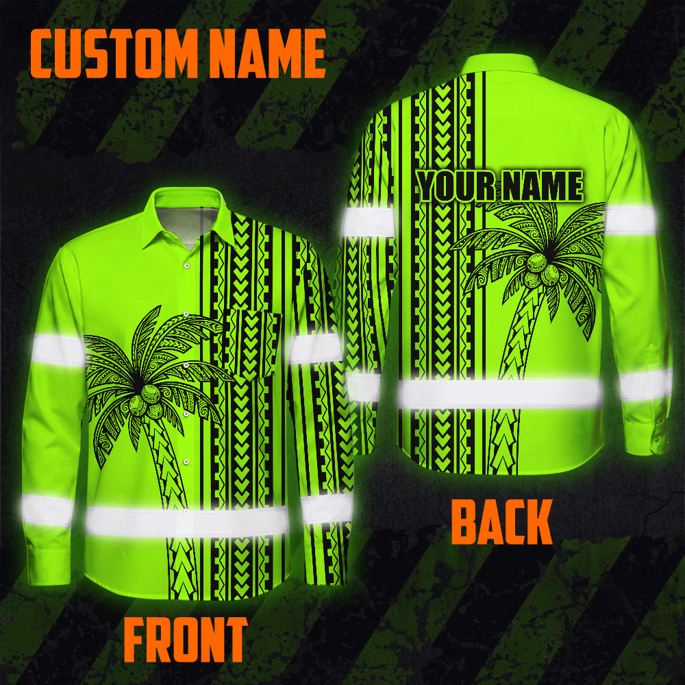 Hi Vis Hawaiian Long Sleeve Shirt Reflective Tapes Lime Neon Polynesian And Tree Custom Name Safety Workwear For Workers, Truckers, Operators