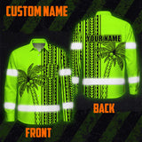 Hi Vis Hawaiian Long Sleeve Shirt Reflective Tapes Lime Neon Polynesian And Tree Custom Name Safety Workwear For Workers, Truckers, Operators