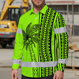 Hi Vis Hawaiian Long Sleeve Shirt Reflective Tapes Lime Neon Polynesian And Tree Custom Name Safety Workwear For Workers, Truckers, Operators