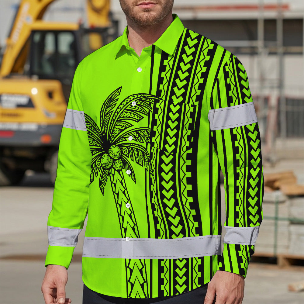 Hi Vis Hawaiian Long Sleeve Shirt Reflective Tapes Lime Neon Polynesian And Tree Custom Name Safety Workwear For Workers, Truckers, Operators