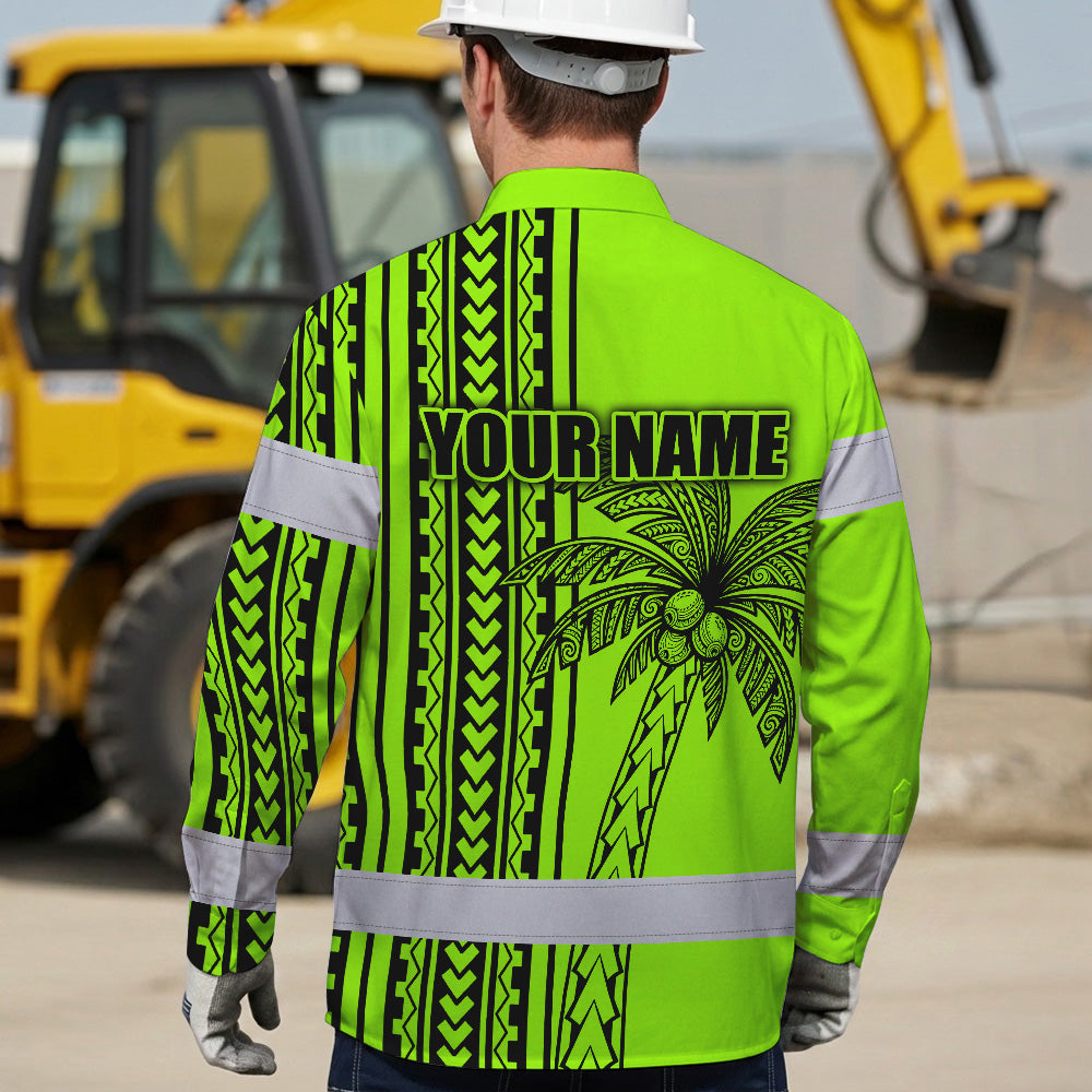 Hi Vis Hawaiian Long Sleeve Shirt Reflective Tapes Lime Neon Polynesian And Tree Custom Name Safety Workwear For Workers, Truckers, Operators