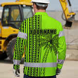 Hi Vis Hawaiian Long Sleeve Shirt Reflective Tapes Lime Neon Polynesian And Tree Custom Name Safety Workwear For Workers, Truckers, Operators