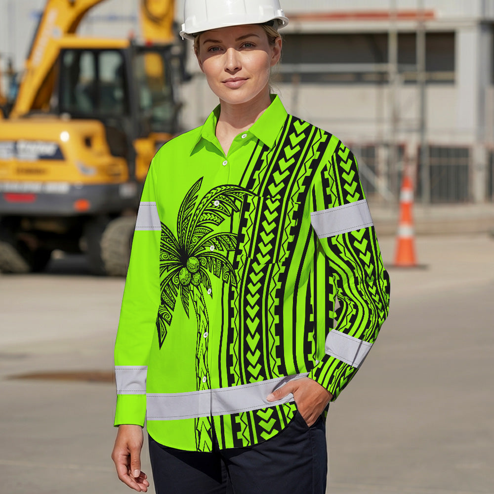 Hi Vis Hawaiian Long Sleeve Shirt Reflective Tapes Lime Neon Polynesian And Tree Custom Name Safety Workwear For Workers, Truckers, Operators