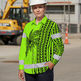 Hi Vis Hawaiian Long Sleeve Shirt Reflective Tapes Lime Neon Polynesian And Tree Custom Name Safety Workwear For Workers, Truckers, Operators