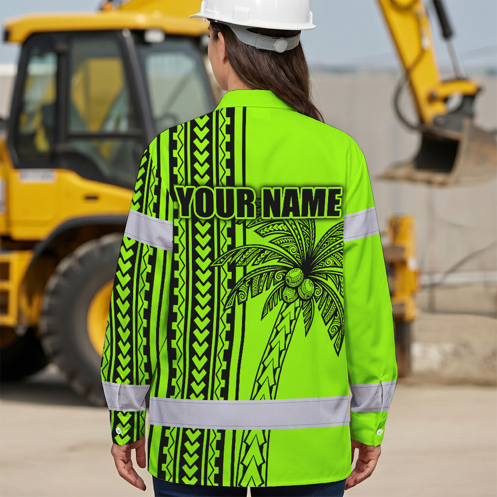 Hi Vis Hawaiian Long Sleeve Shirt Reflective Tapes Lime Neon Polynesian And Tree Custom Name Safety Workwear For Workers, Truckers, Operators