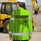 Hi Vis Hawaiian Long Sleeve Shirt Reflective Tapes Lime Neon Polynesian And Tree Custom Name Safety Workwear For Workers, Truckers, Operators
