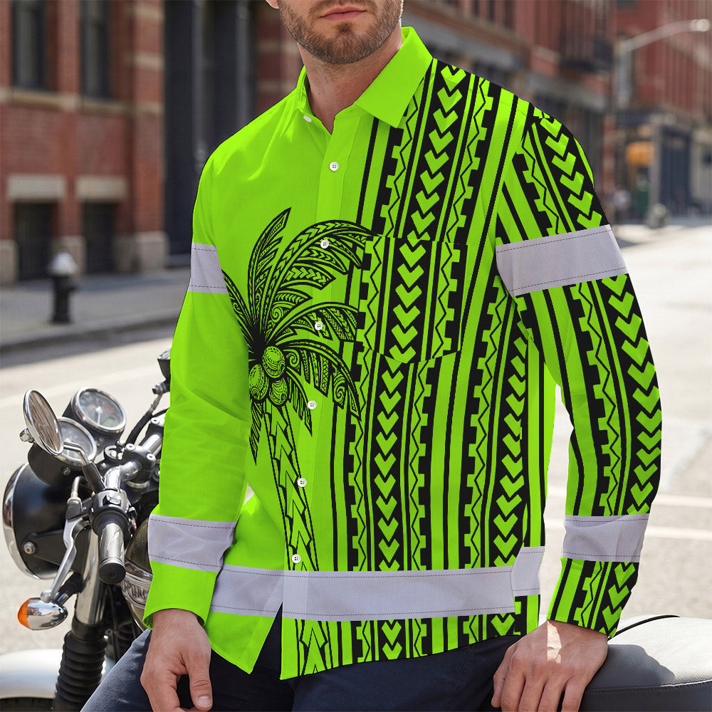 Hi Vis Hawaiian Long Sleeve Shirt Reflective Tapes Lime Neon Polynesian And Tree Custom Name Safety Workwear For Workers, Truckers, Operators