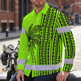 Hi Vis Hawaiian Long Sleeve Shirt Reflective Tapes Lime Neon Polynesian And Tree Custom Name Safety Workwear For Workers, Truckers, Operators