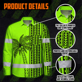 Hi Vis Hawaiian Long Sleeve Shirt Reflective Tapes Lime Neon Polynesian And Tree Custom Name Safety Workwear For Workers, Truckers, Operators