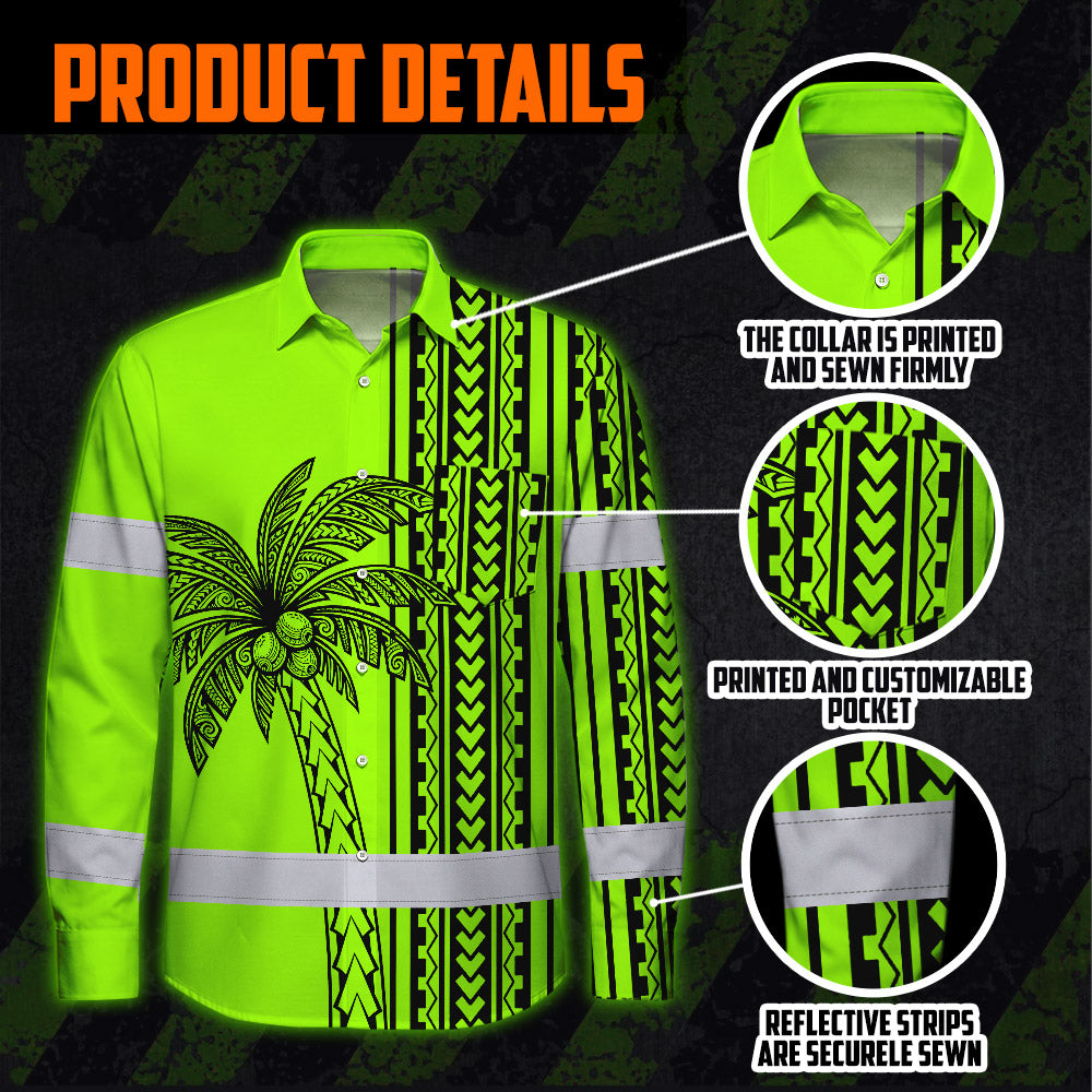 Hi Vis Hawaiian Long Sleeve Shirt Reflective Tapes Lime Neon Polynesian And Tree Custom Name Safety Workwear For Workers, Truckers, Operators