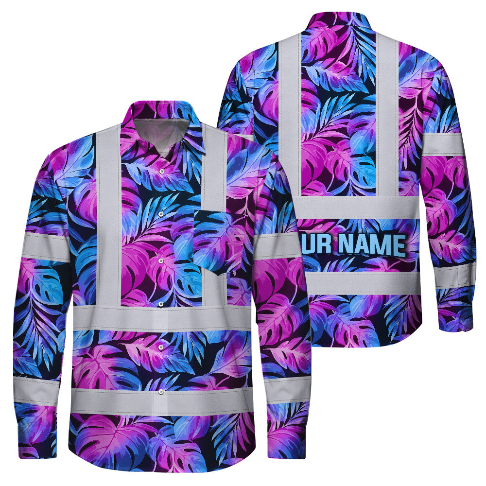 Hi Vis Hawaiian Long Sleeve Shirt Reflective Tapes Gradient Blue Violet Custom Name Safety Workwear For Workers, Truckers, Operators