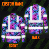 Hi Vis Hawaiian Long Sleeve Shirt Reflective Tapes Gradient Blue Violet Custom Name Safety Workwear For Workers, Truckers, Operators