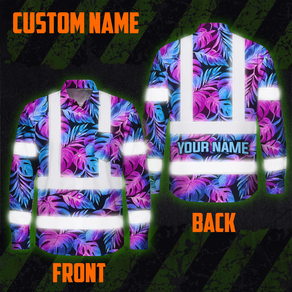 Hi Vis Hawaiian Long Sleeve Shirt Reflective Tapes Gradient Blue Violet Custom Name Safety Workwear For Workers, Truckers, Operators