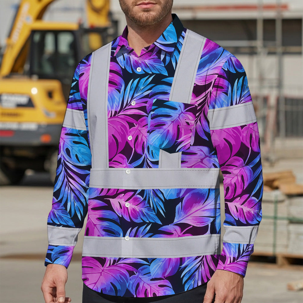 Hi Vis Hawaiian Long Sleeve Shirt Reflective Tapes Gradient Blue Violet Custom Name Safety Workwear For Workers, Truckers, Operators