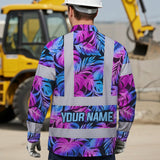 Hi Vis Hawaiian Long Sleeve Shirt Reflective Tapes Gradient Blue Violet Custom Name Safety Workwear For Workers, Truckers, Operators
