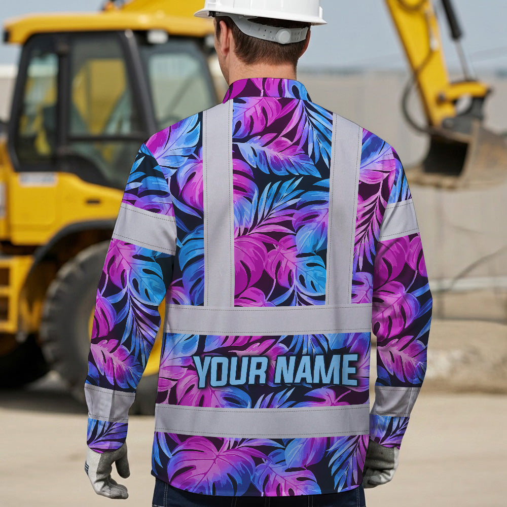 Hi Vis Hawaiian Long Sleeve Shirt Reflective Tapes Gradient Blue Violet Custom Name Safety Workwear For Workers, Truckers, Operators