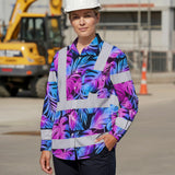 Hi Vis Hawaiian Long Sleeve Shirt Reflective Tapes Gradient Blue Violet Custom Name Safety Workwear For Workers, Truckers, Operators