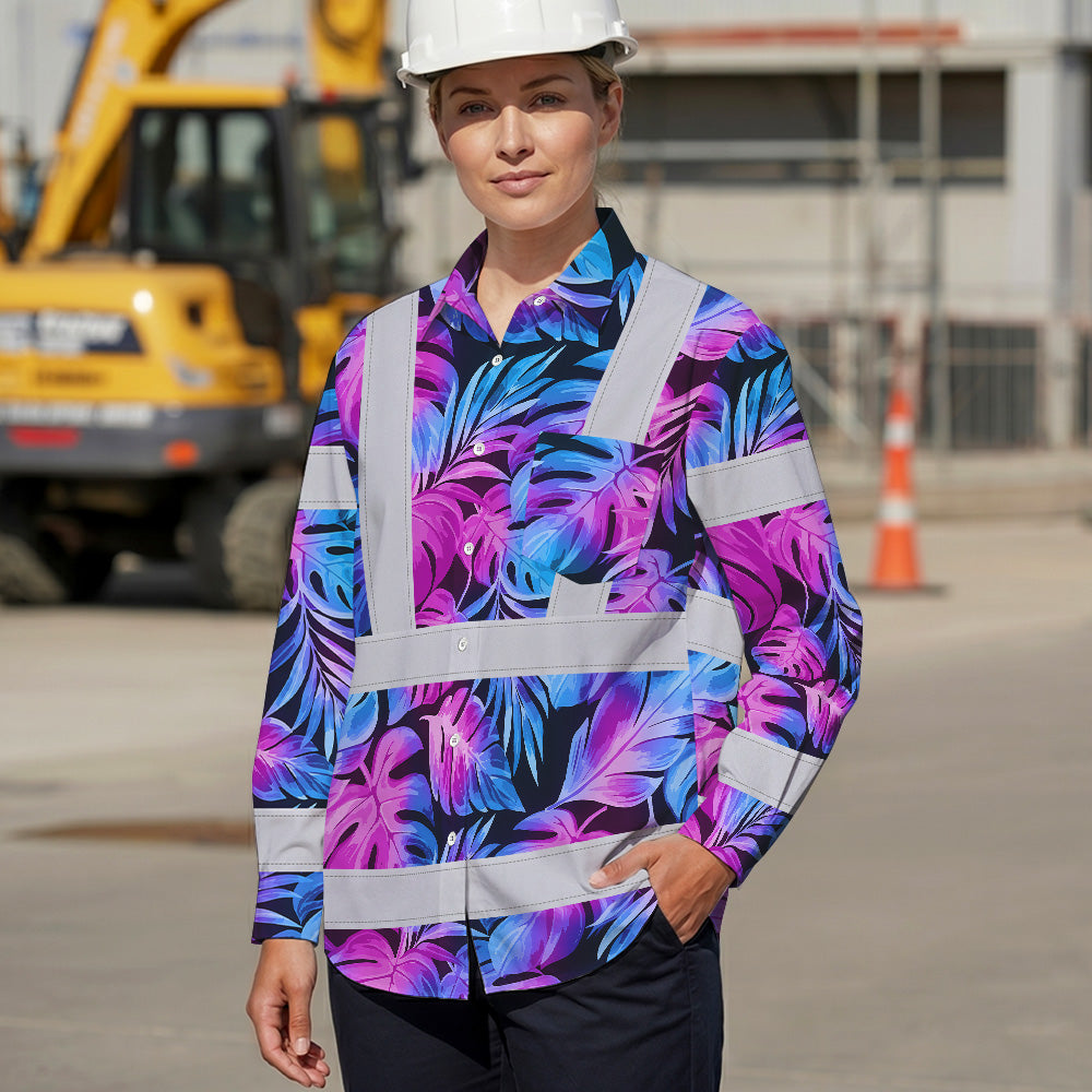 Hi Vis Hawaiian Long Sleeve Shirt Reflective Tapes Gradient Blue Violet Custom Name Safety Workwear For Workers, Truckers, Operators