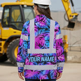 Hi Vis Hawaiian Long Sleeve Shirt Reflective Tapes Gradient Blue Violet Custom Name Safety Workwear For Workers, Truckers, Operators